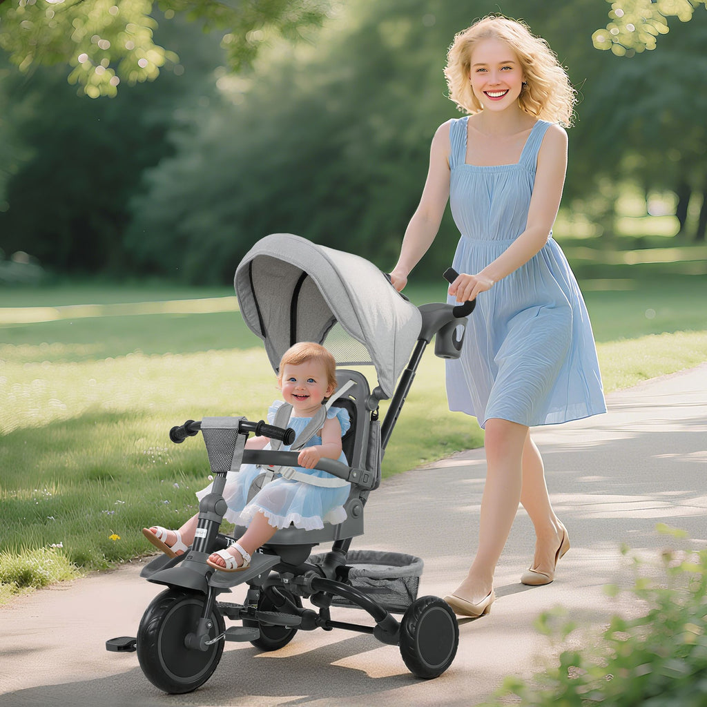 6-in-1 Kids Tricycle with Adjustable Push Handle & Reversible Seat, Gray Toddler Tricycle for Ages 1-5