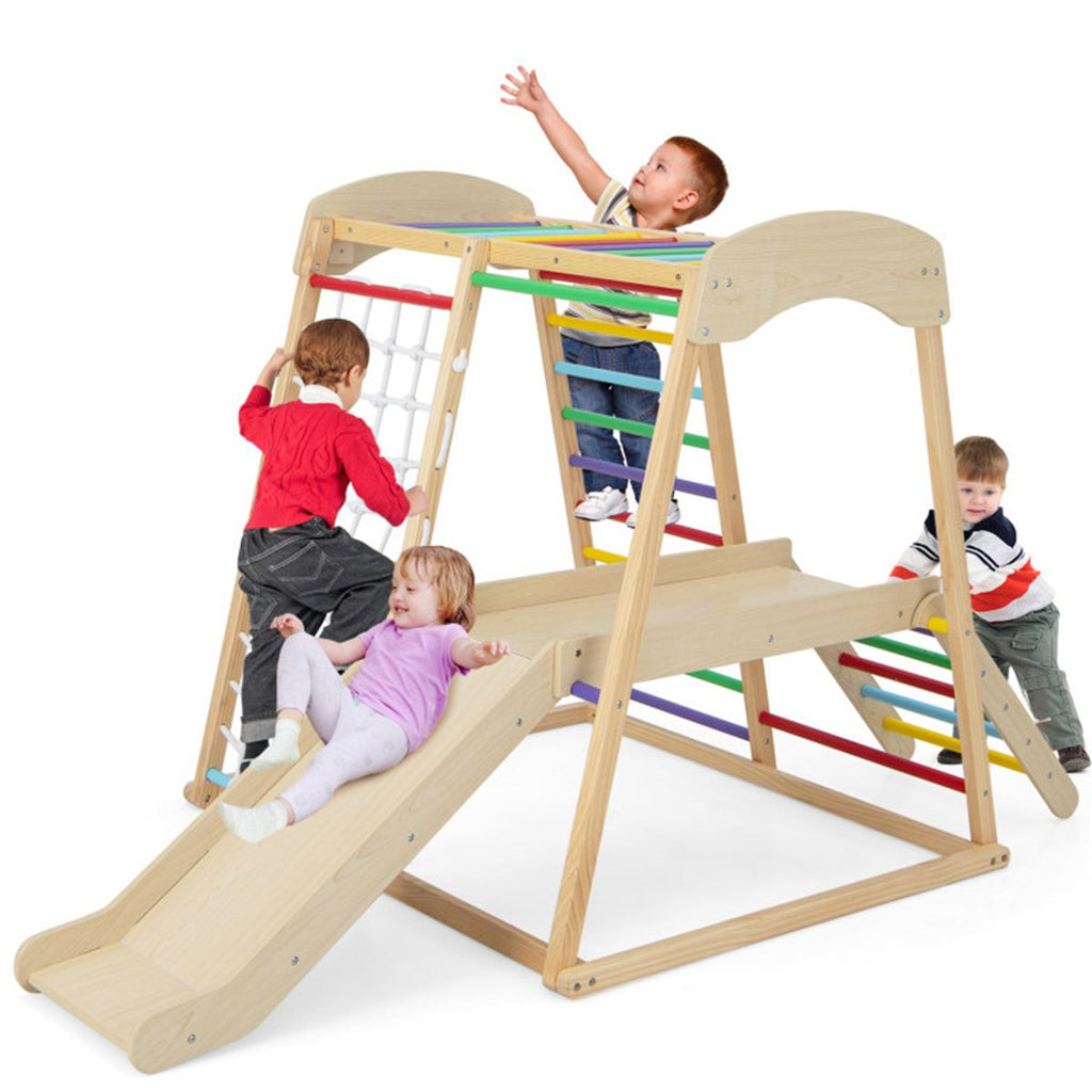 6-in-1 Kids Wooden Playground, Indoor Jungle Gym With slide