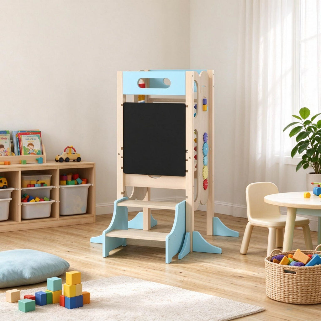 6-in-1 Toddler Kitchen Helper Tower, Standing Step Stool with Blackboard for Ages 3-6, Blue