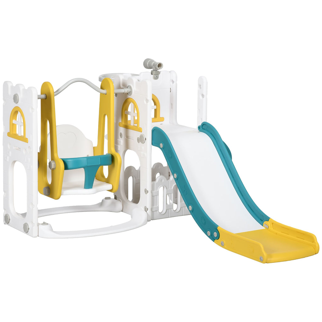 6-in-1 Toddler Slide and Swing Set, Indoor, Yellow, for Ages 1-3, with Basketball Hoop, Climber, Storage, Telescope