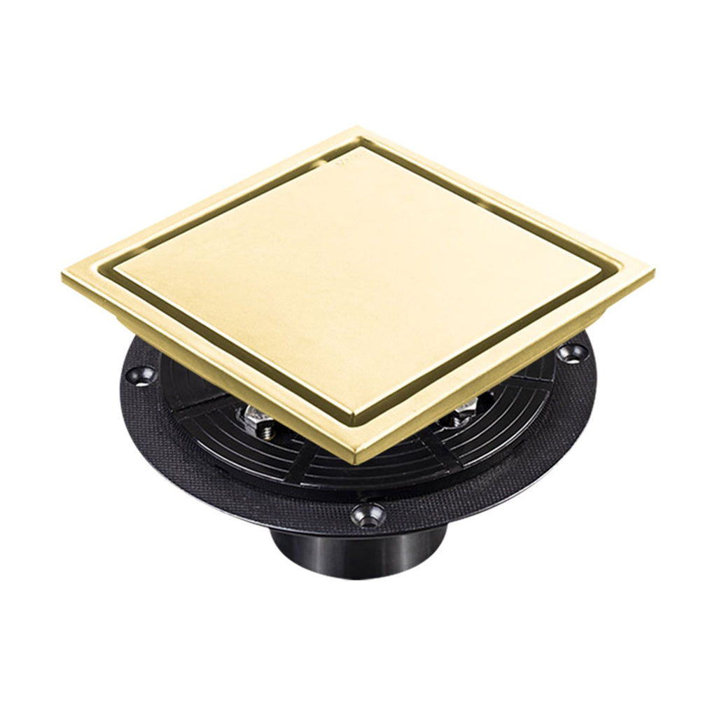 6 Inch Square Shower Drain with 2-in-1 Flat & Tile Insert Removable Cover, 304 Stainless Steel with Flange and Hair Strainer, Brushed Gold