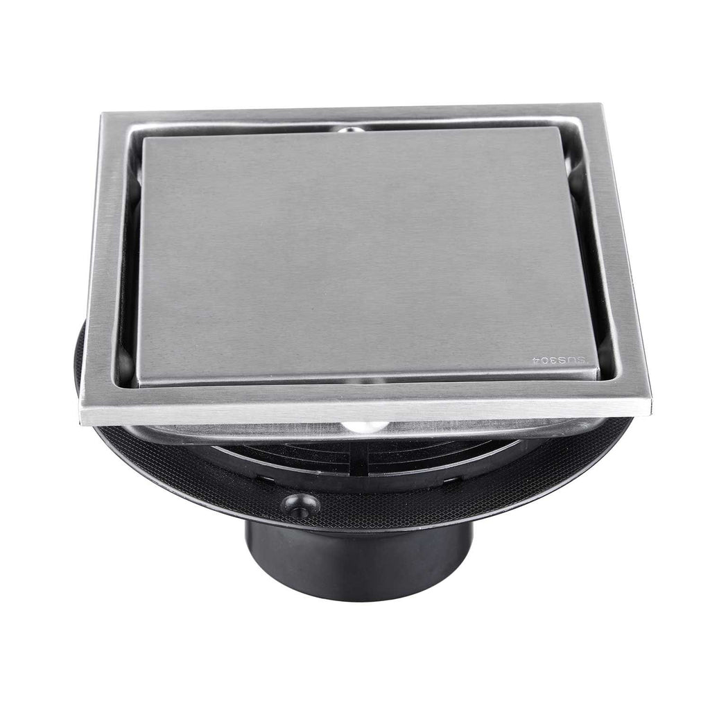 6 Inch Square Shower Drain with 2-in-1 Flat & Tile Insert Removable Cover, 304 Stainless Steel with Flange and Hair Strainer, Brushed Nickel