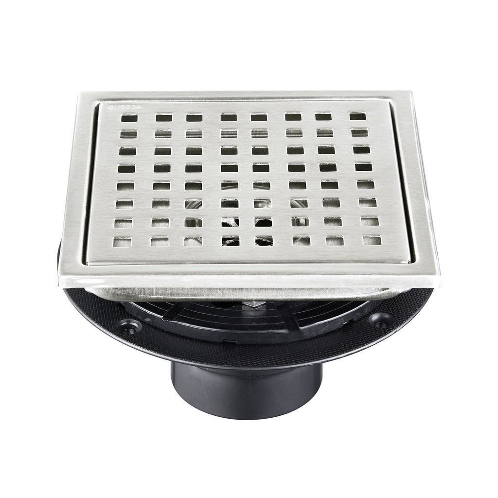 6 Inch Square Shower Drain with Removable Square Patterned Grate, 304 Stainless Steel with Flange and Hair Strainer, Brushed Nickel
