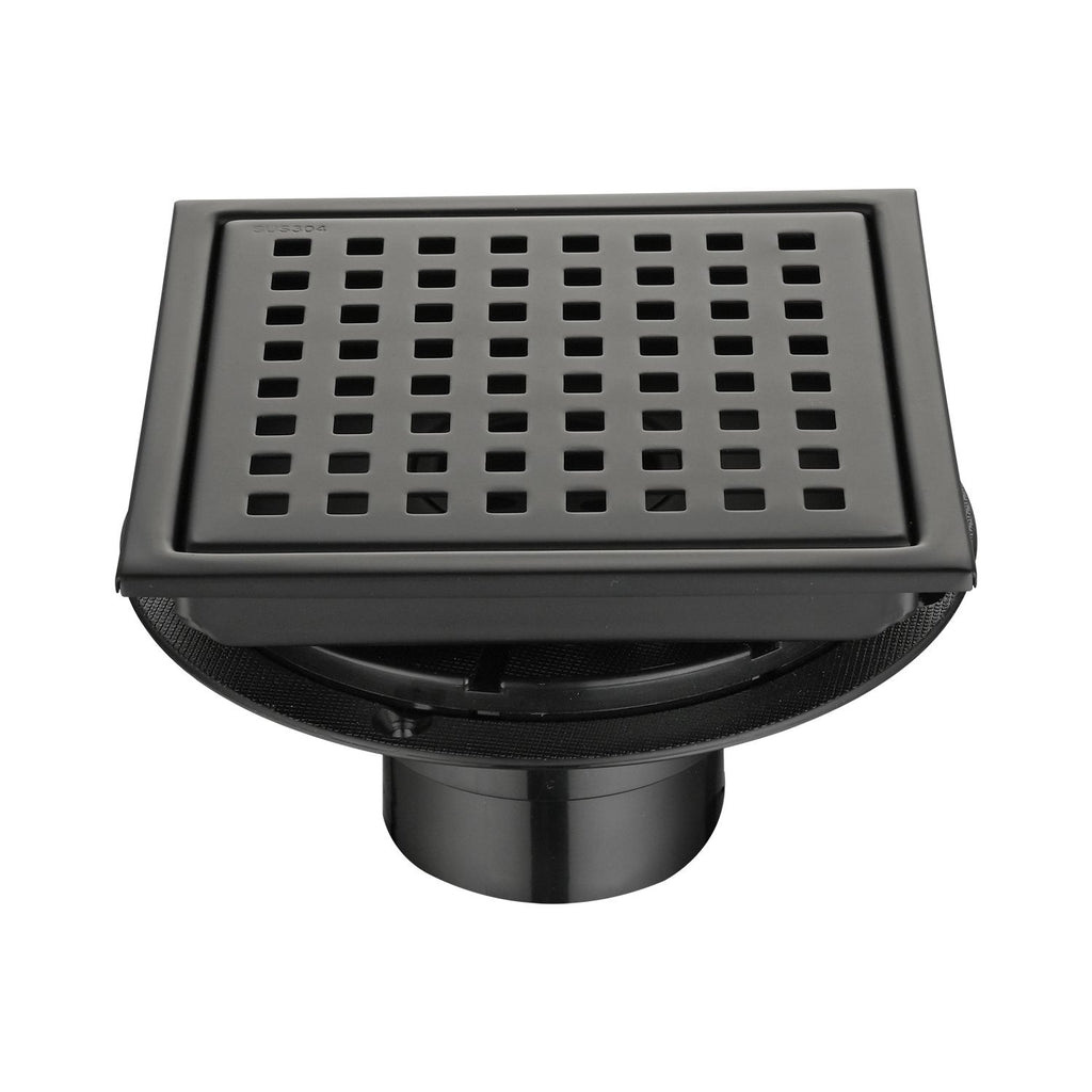 6 Inch Square Shower Drain with Removable Square Patterned Grate, 304 Stainless Steel with Flange and Hair Strainer, Matte Black