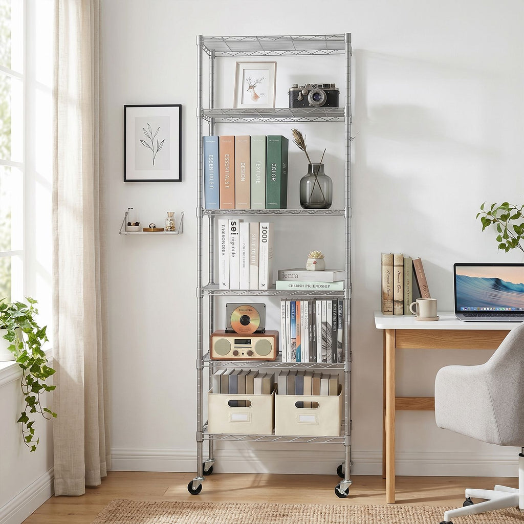 6-layer display rack with adjustable layer spacing, freely combinable and detachable, featuring a row of 6 side hooks, adjustable feet and wheels. Made of iron, 55*30*165cm, powder-coated silver-gray