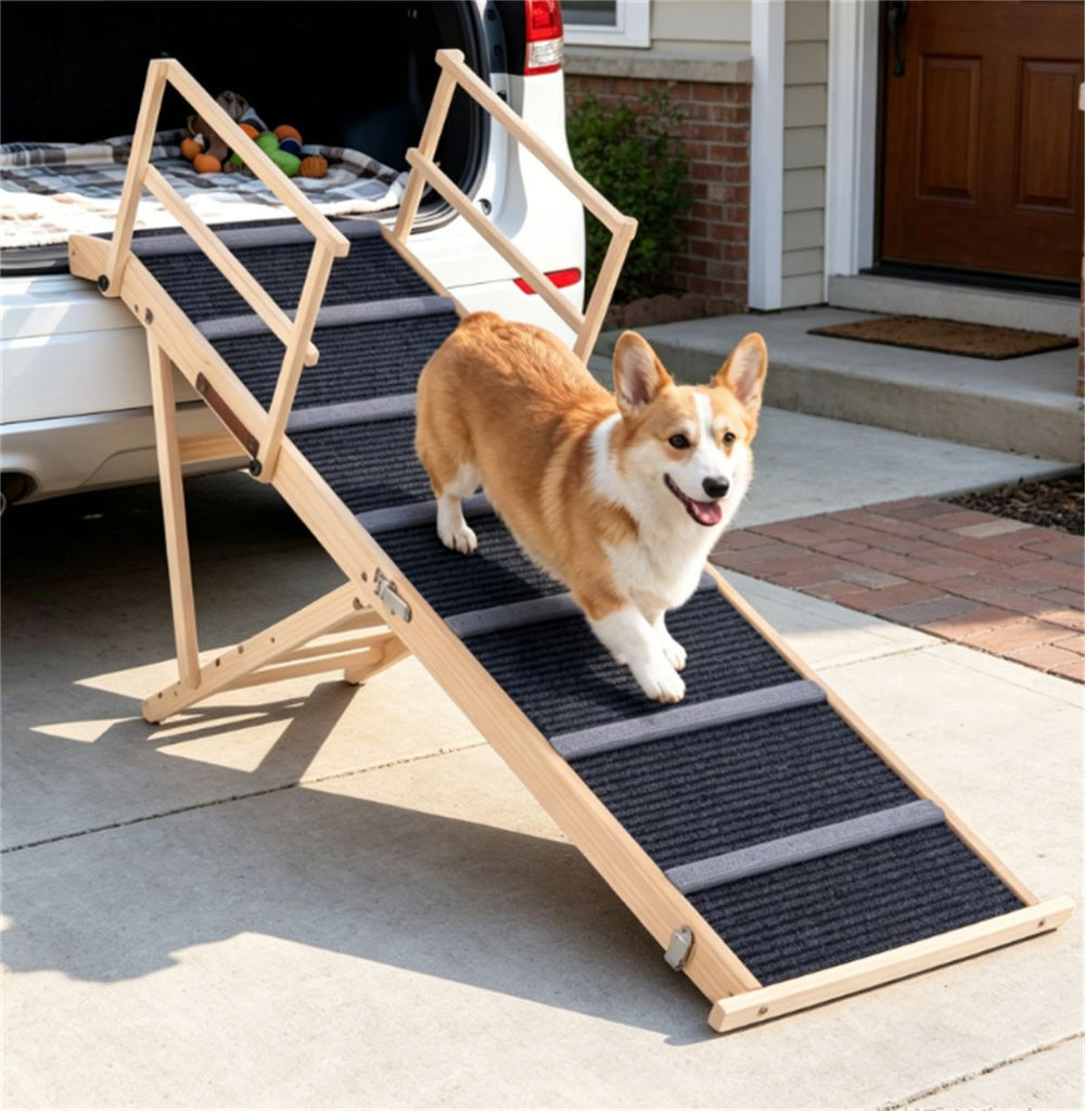 6-Level Adjustable Foldable Pet Ramp , Solid Pine Wood Non-Slip Dog Stairs with Side Rails, 145 lbs Heavy Duty Pet Step for Senior Dogs & Pets with Mobility Issues