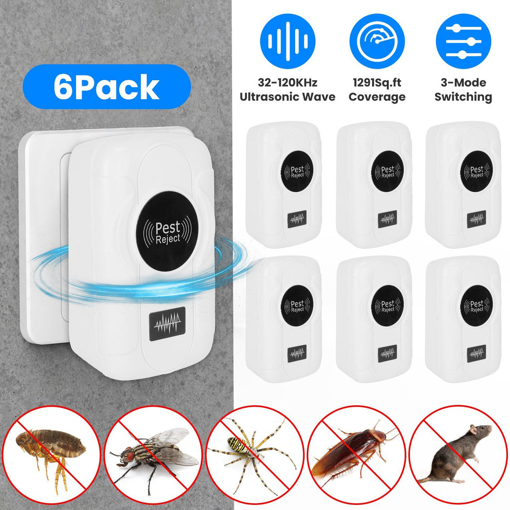 6-Pack Ultrasonic Insect Repellent - Dual Sound-Wave Tech, 3-Mode Switch, 32 - 120kHz Frequencies, Ideal for Full Home Coverage, Safe for Home with Kids - Plug-in Indoor Bug & Rodent Repeller