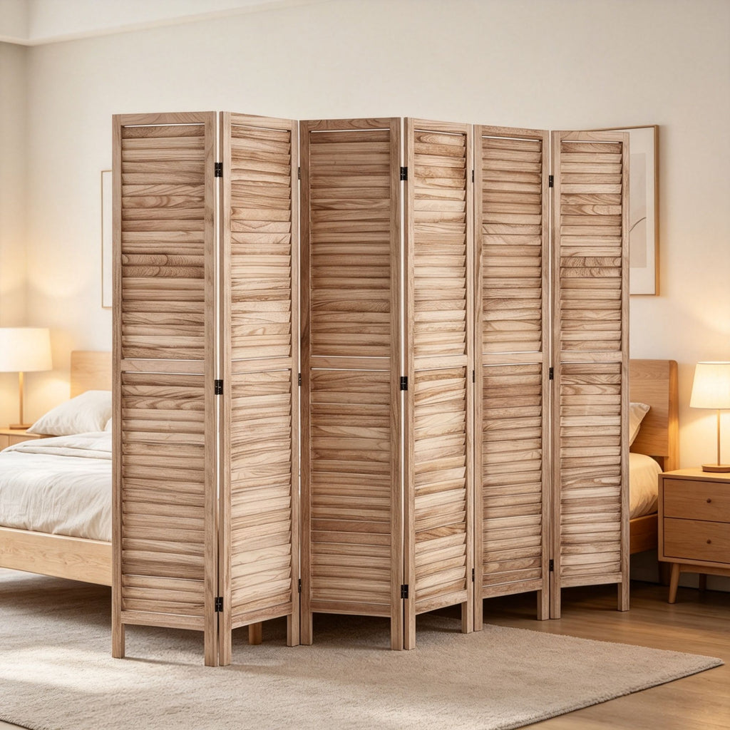 6-Panel Wood Folding Privacy Screen, 66.9" Tall Louvered Room Divider, Portable Partition for Room Separation, Home, Office & Bedroom