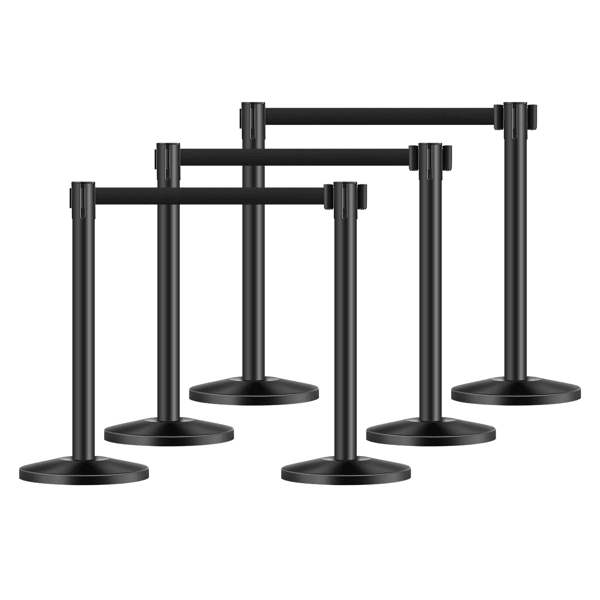 6 Pcs Crowd Control Stanchion Set ,with Retractable Belts, Black Stanchions Queue with Sand Injection Hollow Base, for Theaters, Parties, Weddings, hotel,Exhibitions