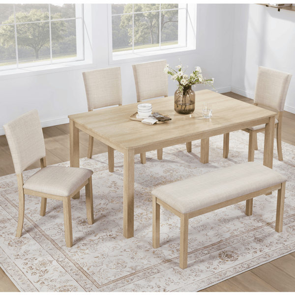 6 Piece Dining Table Set with Bench, Wooden Rectangular Kitchen Table Set with Bench and 4 Upholstered Chairs for Living Room, Kitchen, Dining Room, Light Oak & Beige