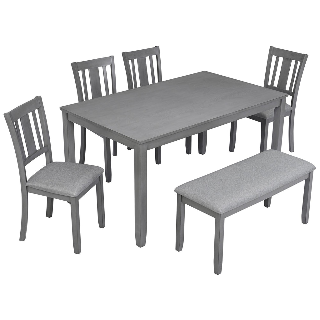 6 Piece Kitchen Dining Set, Rectangular Wooden Dining Table with 4 Upholstered Chairs and a Bench, Dining Table Set for 6 People, Living Room, Home Bar and Kitchen, Gray