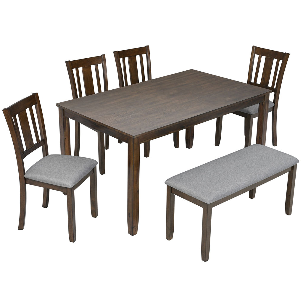 6 Piece Kitchen Dining Set, Rectangular Wooden Dining Table with 4 Upholstered Chairs and a Bench, Dining Table Set for 6 People, Living Room, Home Bar and Kitchen, Walnut
