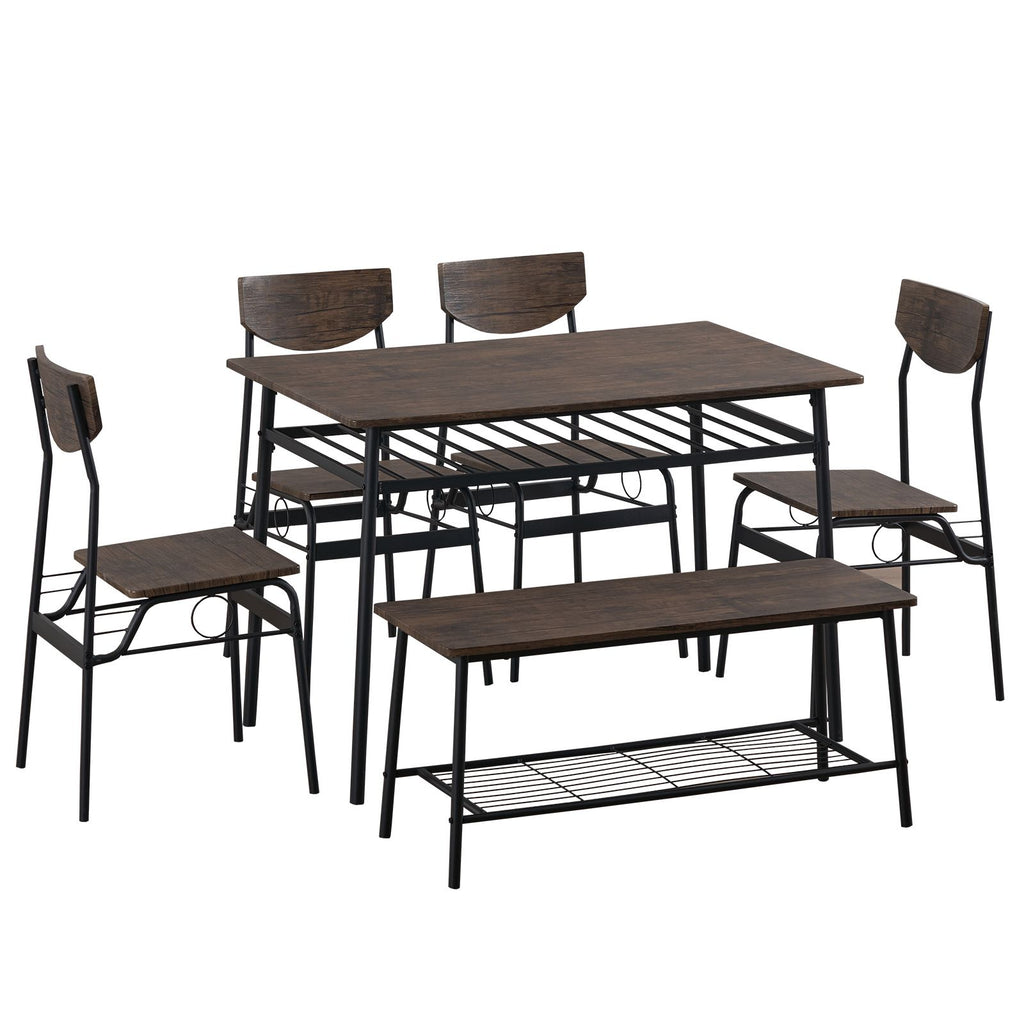 6-Piece Modern Dining Set for Home, Kitchen, Dining Room with Storage Racks, Rectangular Table, Bench, 4 Chairs, Steel Frame - Deep Elm Color