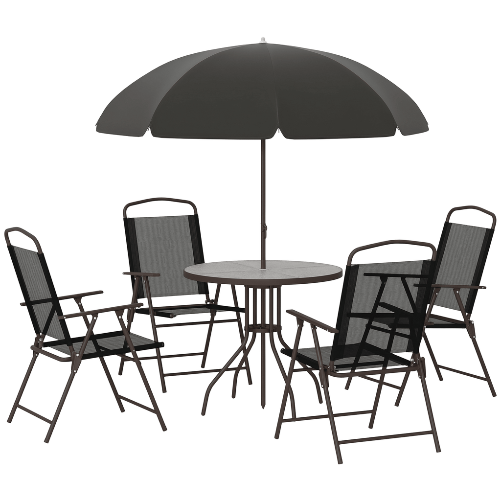 6 Piece Patio Dining Set for 4 with Umbrella, Outdoor Table and Chairs with 4 Folding Dining Chairs & Round Glass Table for Garden, Backyard and Poolside, Black