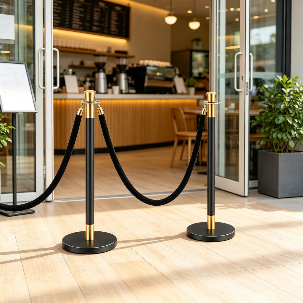 6-Piece Stainless Steel Stanchion Set with 4 Black Velvet Ropes, Crowd Control Barrier for Theater, Wedding & Party
