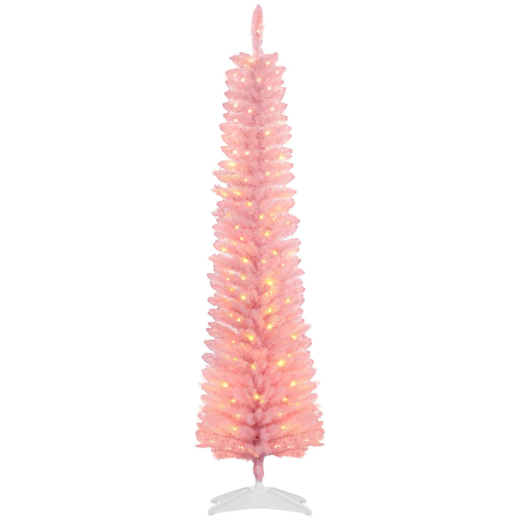 6' Prelit Christmas Trees, Slim Artificial Christmas Tree with Colorful Surface Branches, Colorful LED Lights, Pink