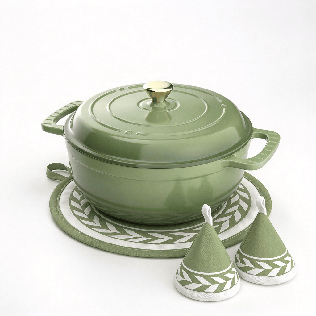 6-Quart Cast Iron Enamel Pot (Gradient Green) Includes Two Cloth Mitts and a Cloth Trivet