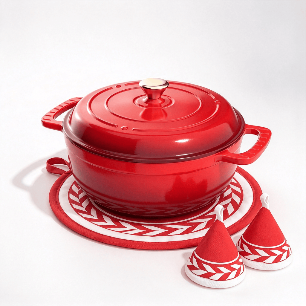 6-Quart Cast Iron Enamel Pot (Red Gradient) Includes Two Cloth Mitts and a Cloth Trivet