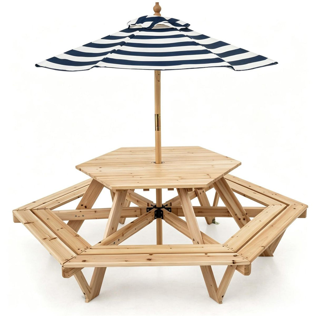 6-Seat Hexagonal Kids Picnic Table with Umbrella, Solid Fir Wood Outdoor Table & Bench Set for Backyard Garden, Age 38