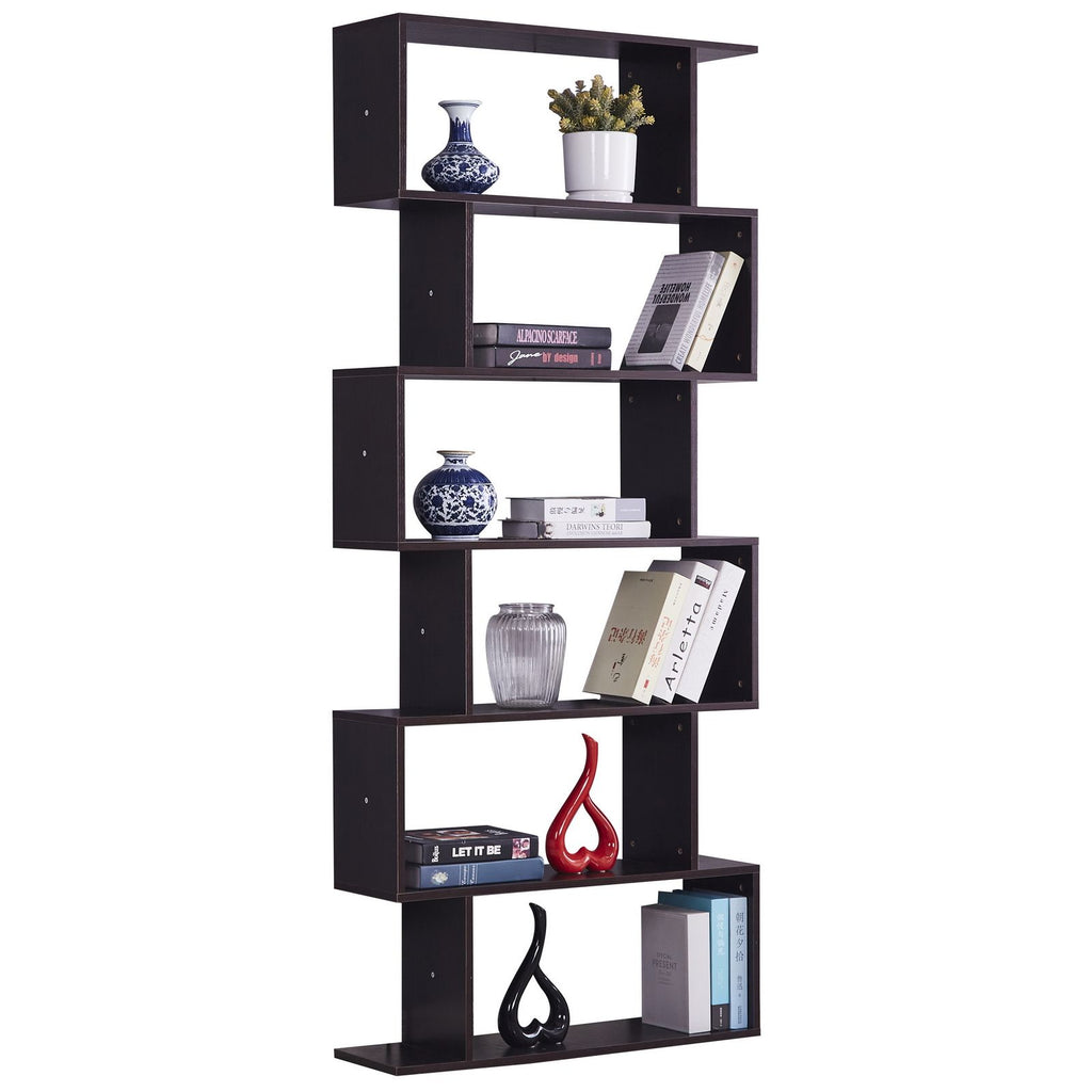 6 Shelf Bookcase, Modern S-Shaped Z-Shelf Style Bookshelf, Multifunctional Wooden Storage Display Stand Shelf for Living Room, Home Office, Bedroom, Bookcase Storage Shelf Dark Brown RT