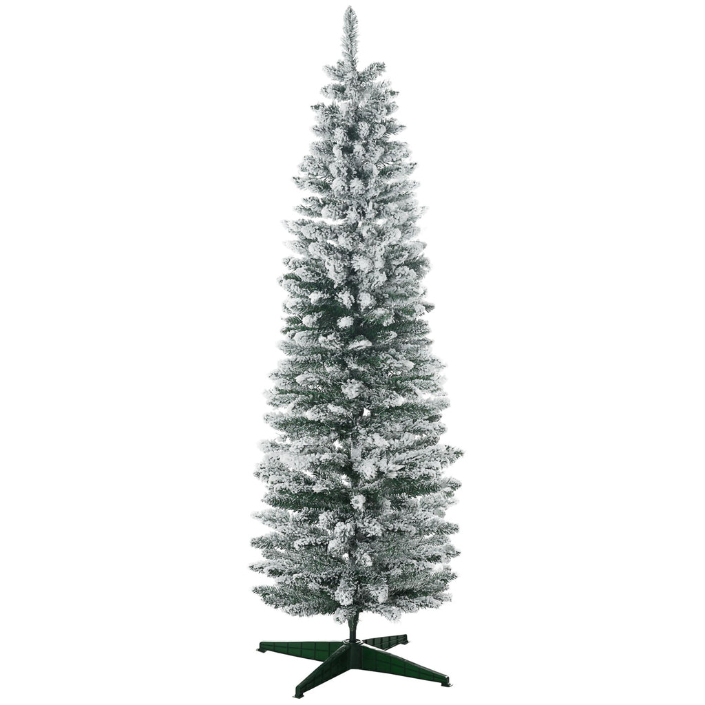 6' Snow Flocked Artificial Pencil Christmas Tree, Slim Xmas Tree with Realistic Branches & Plastic Base Stand for Indoor Decoration, Green