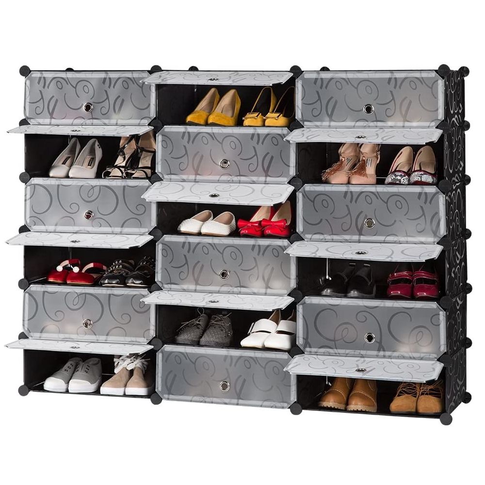 6-Tier 18 Cubes Shoe Rack Plastic Shoes Storage Organizer Cabinet with Doors