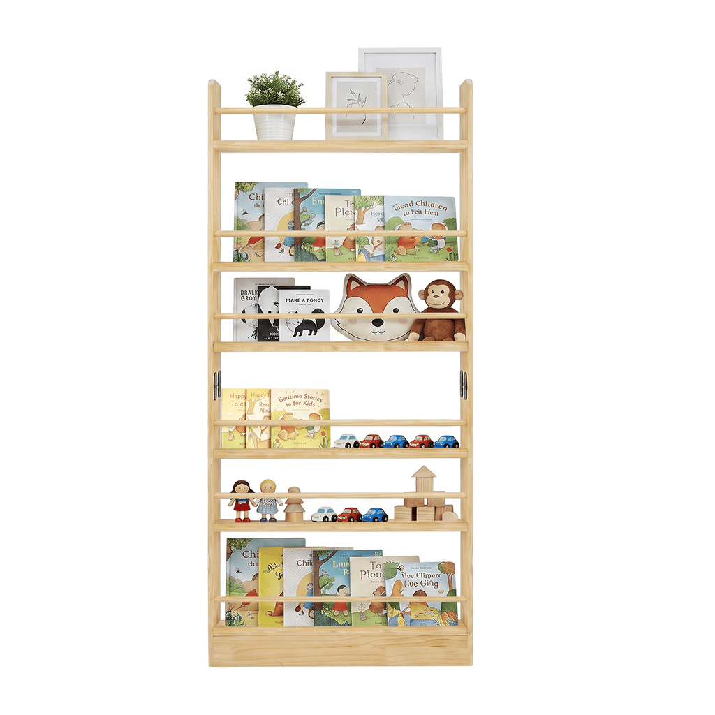6 Tier Behind The Door Bookshelf, Wooden Kids Bookshelf with Open Storage, Wall Mount Shelve & Space- Saving, Solid Wood Bookshelf for Bedroom, Living Room, Playroom (Natural Wood)