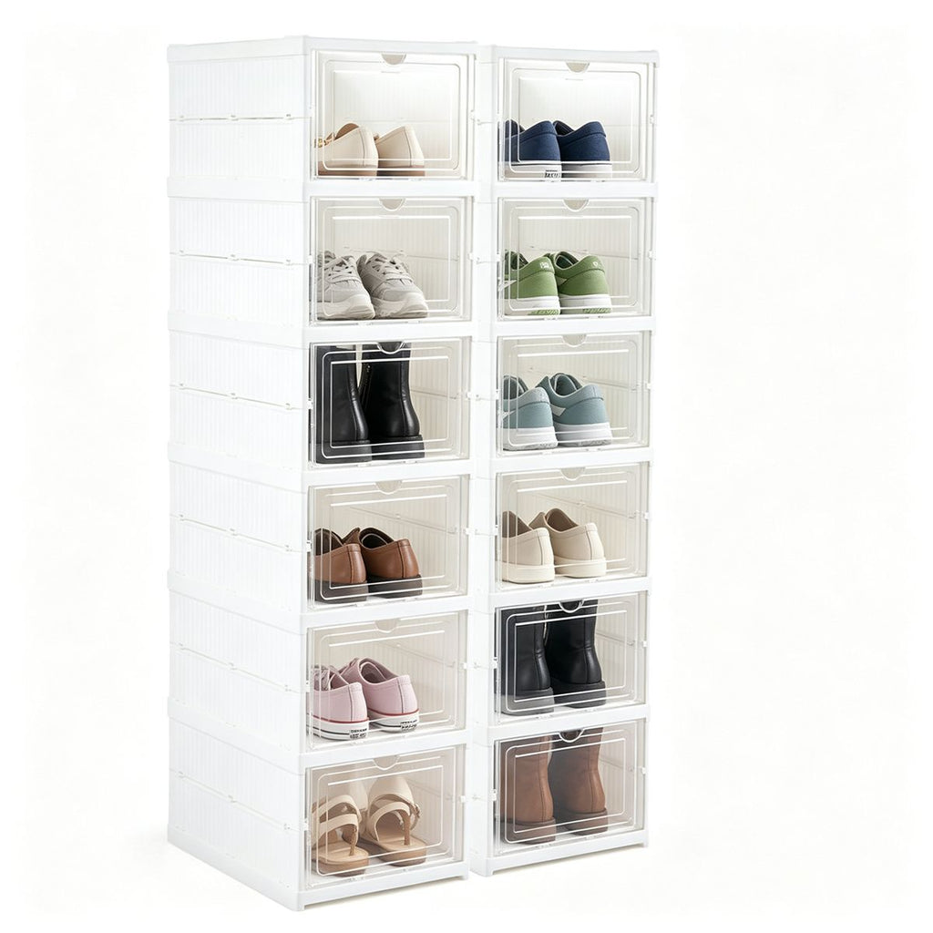 6-Tier Folding Shoe Storage Box, Tool-Free Assembly Transparent Shoe Organizer with Magnetic Door, Ventilated Waterproof PP AS Sneaker Cabinet for Entryway Closet Mudroom