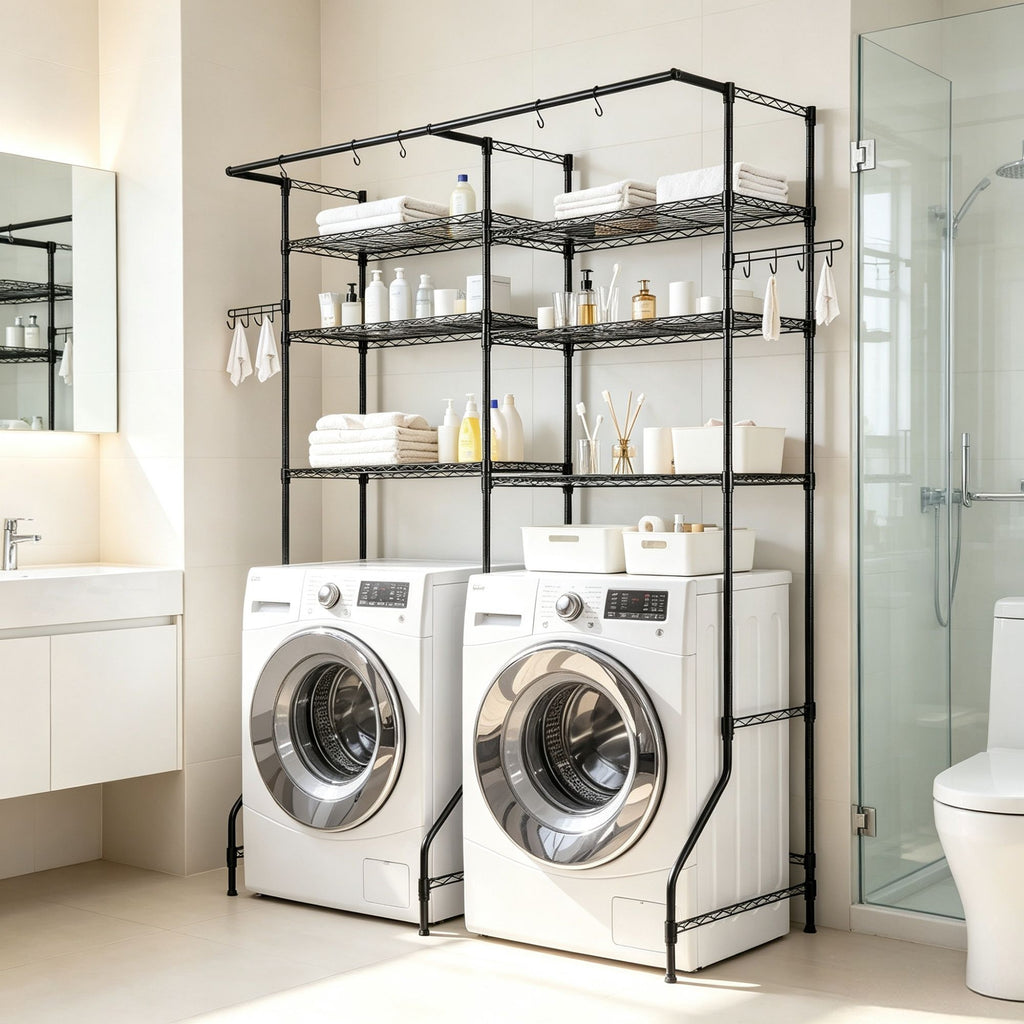 6-Tier Over Washer and Dryer Storage Shelves, Adjustable Laundry Room Organizer with Hanger Rod & Hooks