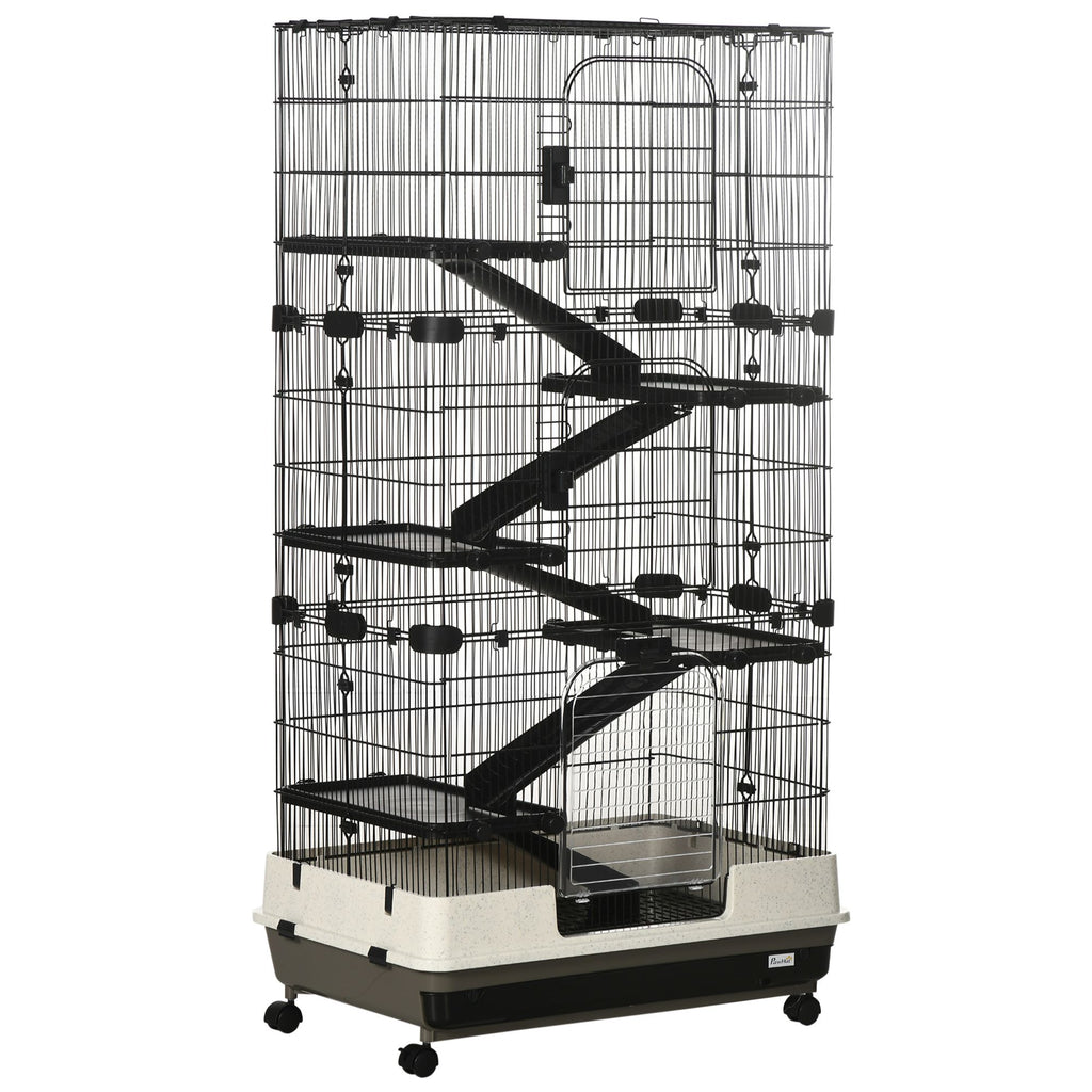 6-Tier Small Animal Cage, Rabbit Hutch with Wheels, Removable Tray, Platform and Ramp for Bunny, Chinchillas, Ferret, Hedgehog & Gerbils, Black