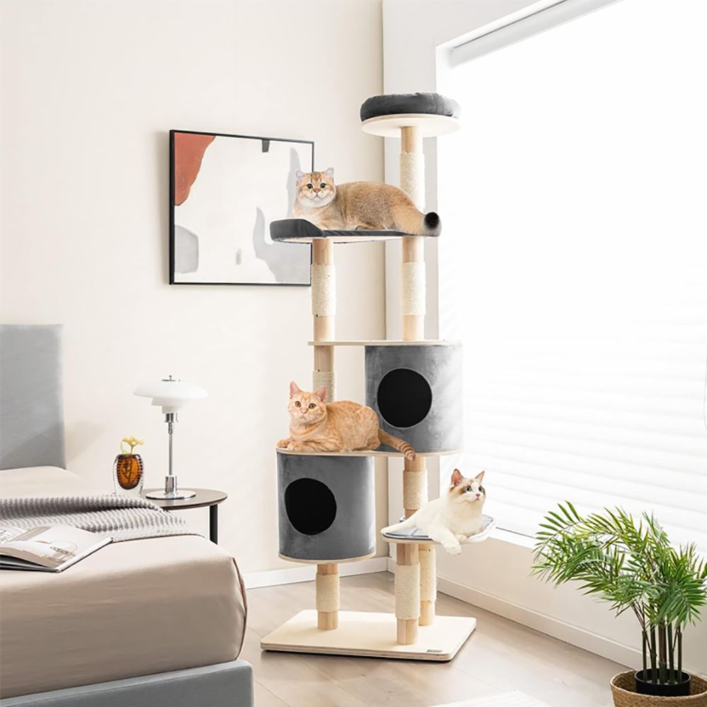 6-Tier Wooden Cat Tree with 2 Removeable Condos Platforms and Perch