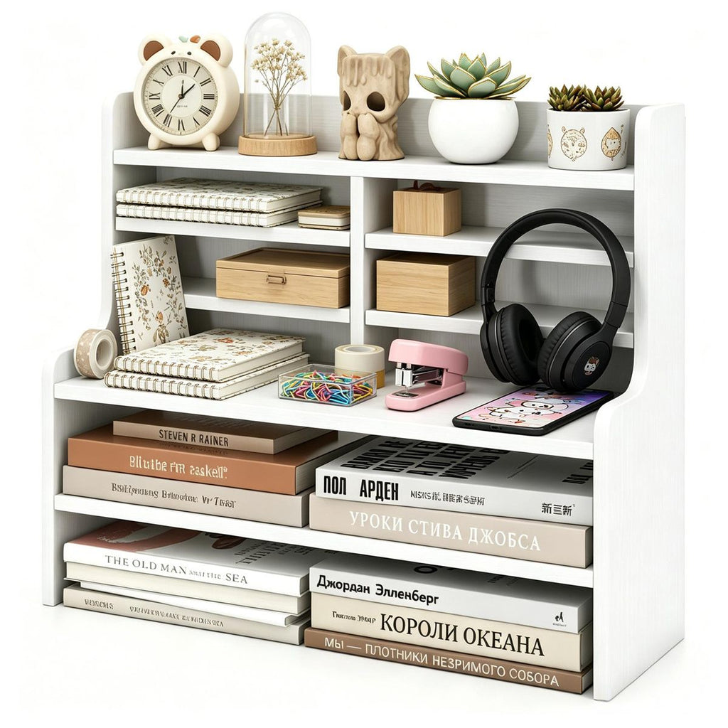 6-Tier Wooden Desktop Organizer, Adjustable Removable Shelves Craft Storage Rack with Anti-Fall Baffles for Pens Washi Tapes Stickers