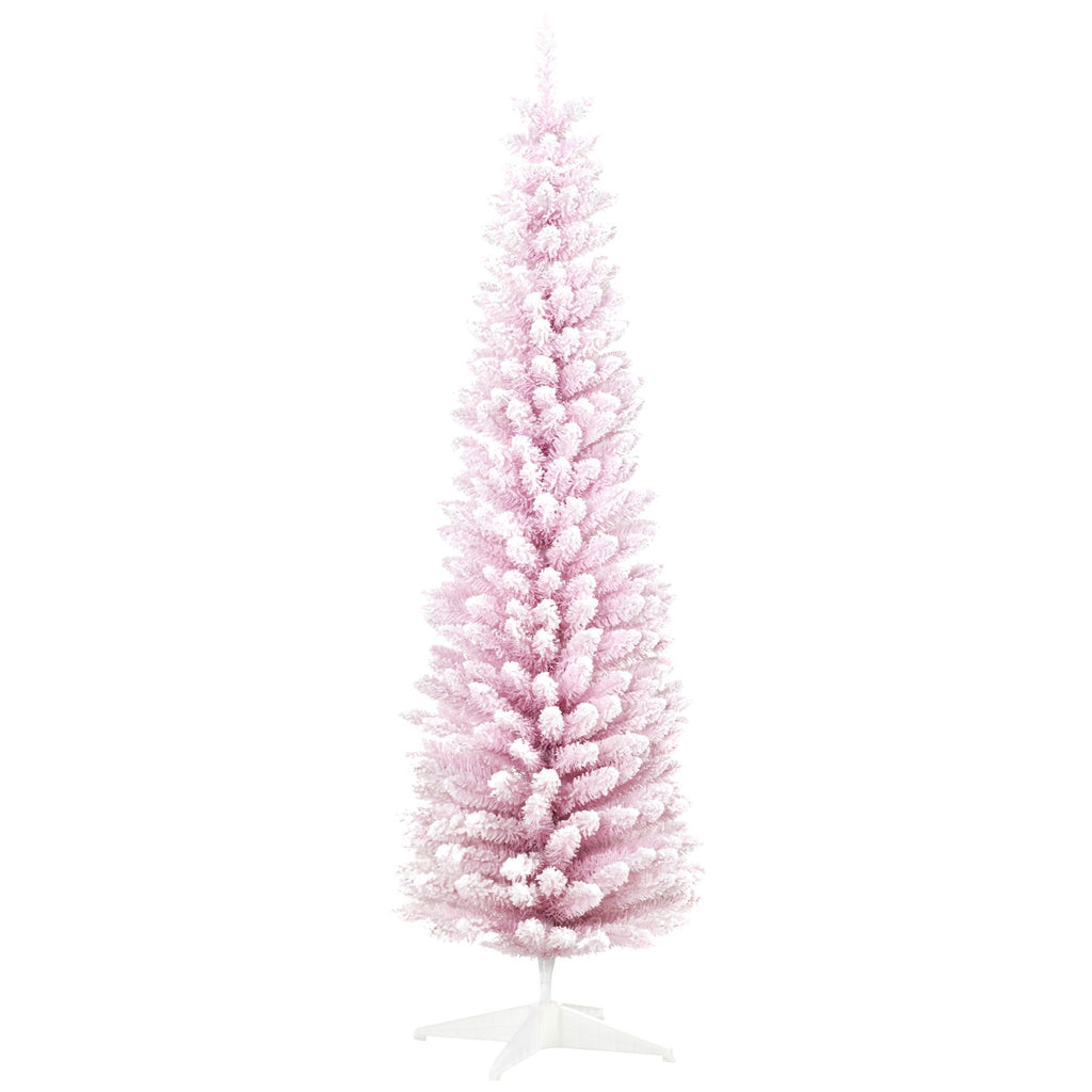 6' Unlit Snow Flocked Slim Christmas Tree, Artificial Pencil Christmas Tree with Realistic Branches & Plastic Base Stand, Pink