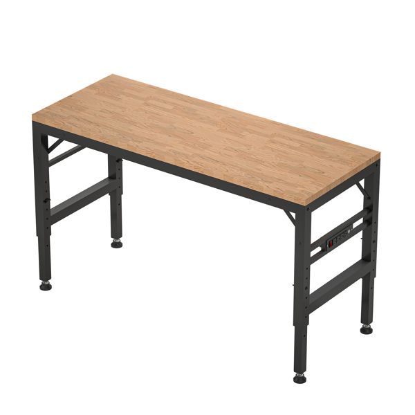 60" Adjustable Height Workbench, Rubber Wood Top Heavy duty Workstation with Power Outlets, over 2000 Lbs Capacity Hardwood Worktable for Workshop, Garage, Office, Home