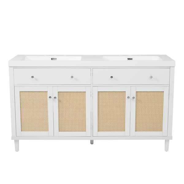60 Inch Bathroom Vanity with Double Sink ( SMC Sink ), Large Storage Space with 2 Tip-Out Trays / Flip-Out Drawers and 4 Soft Closing Doors, Solid Wood Legs and Silver Metal Knobs, White