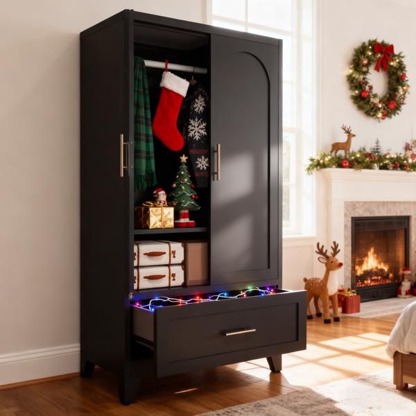 60" Tall Metal Wardrobe Cabinet with 1 Drawer and Hanging Rod, 2 Doors Wardrobe Closet with Shelf for Bedroom, Office, Laundry Room,Entryway ,Foyer,Guesthouse (Black)