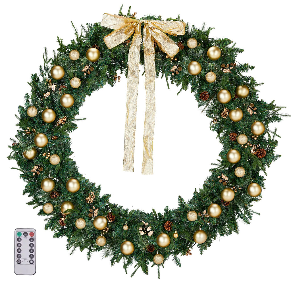 60in Pre-lit Christmas Wreath, Lighted Artificial Xmas Wreath with 220 Warm White Lights and 600 PVC Tips and DIY Ornaments, for Front Door Gate Wall Xmas Party Decorations, Light Green & Golden