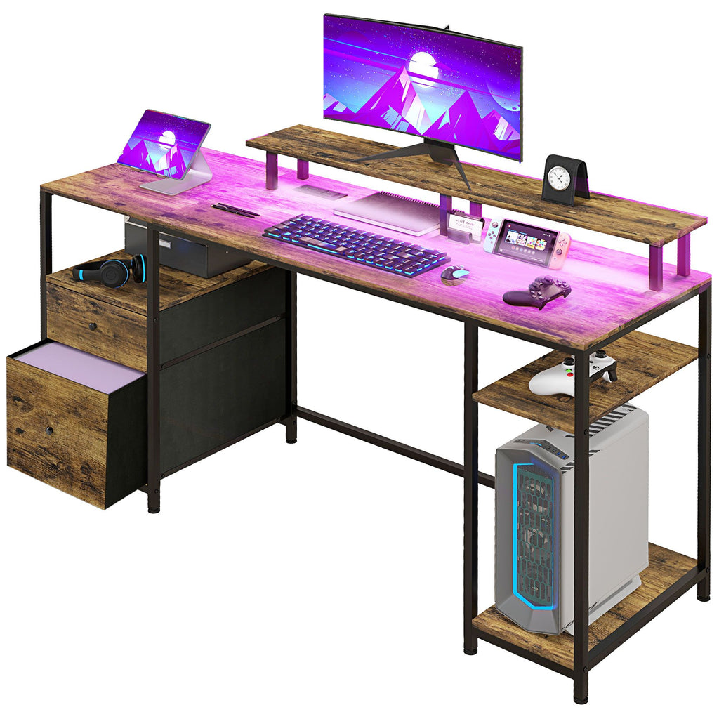 61" Gaming Computer Table with LED Lights, PC Desk w/ Power Outlets, Storage Shelves & Wireless Remote, Home Office Desk, Rustic Brown