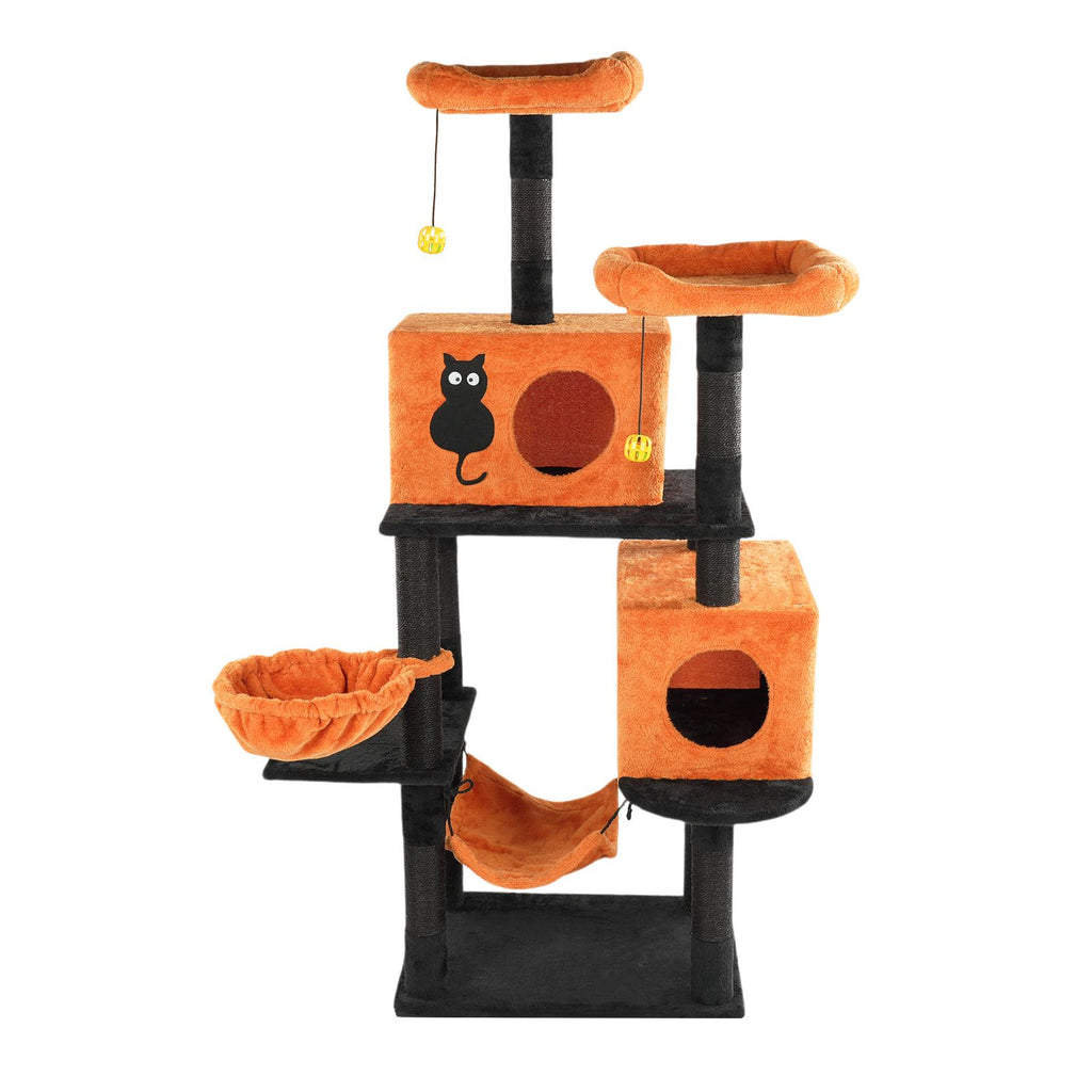 61" Halloween Cat Tree, Large Cat Tower with 2 Spacious Cat Condos, 2 Padded Perches, 2 Hammocks, Scratching Posts, Hanging Toy, Multi-Level Cat Activities Furniture for Large Cats, Orange & Black