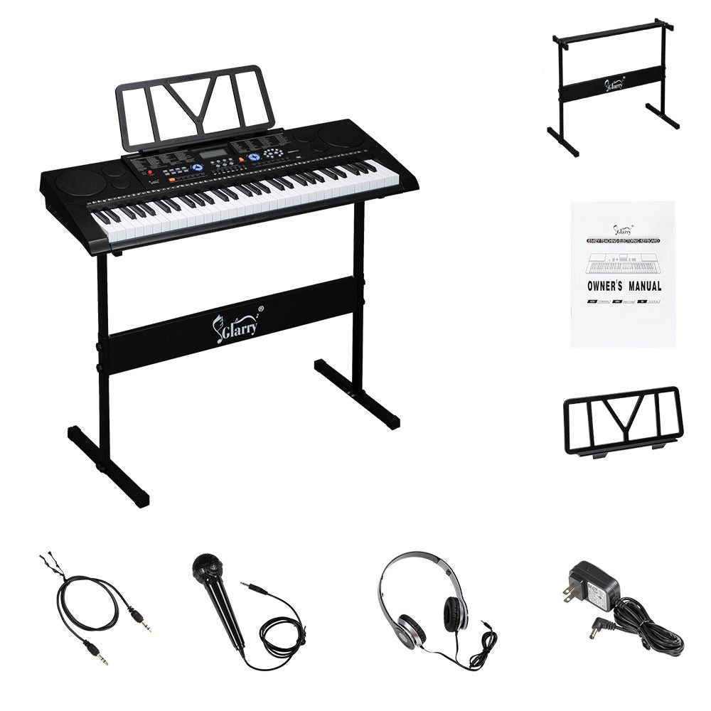 61 Key Portable Keyboard with Piano Stand, Built In Speakers, Headphone, Microphone, Music Rest, LCD Screen, USB Port & Teaching Modes for Beginners