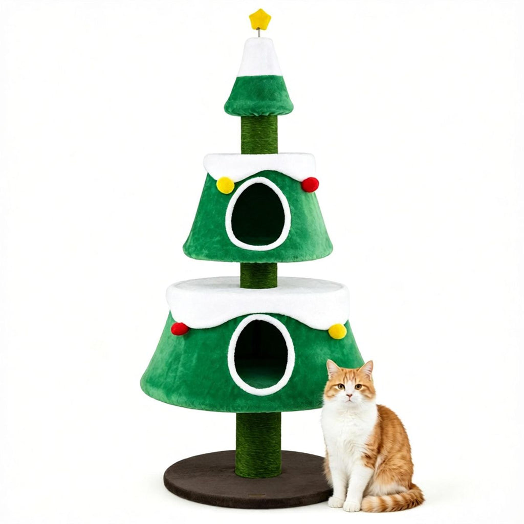 61.5" Christmas Cat Tree Tower with 2 Large Semi-Enclosed Plush Condos, Full Natural Jute Scratching Posts Star Spring Toy Wide Stable Base Holiday Festive Cat Furniture Green White Brown