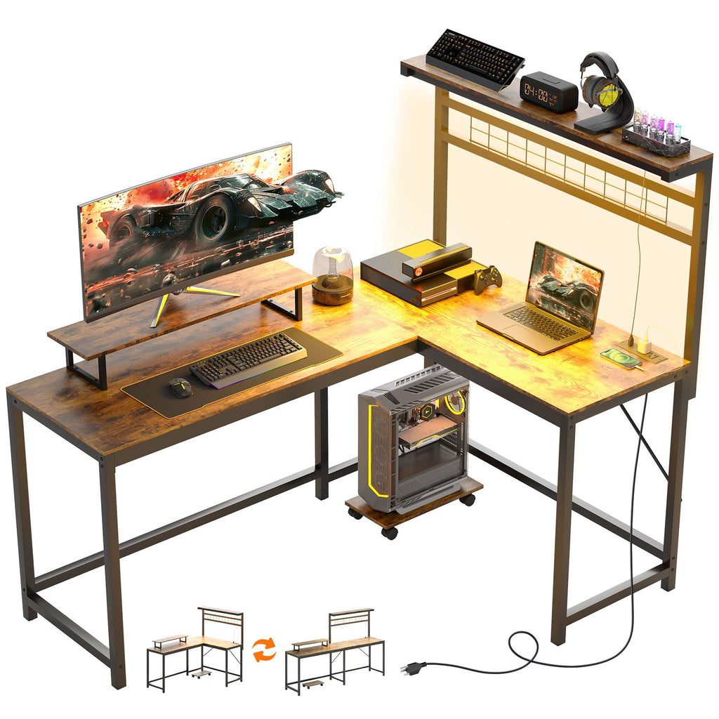 61.6" L Shaped Gaming Desk with Power Outlets & LED Lights, Computer Desk with Monitor Stand and CPU Shelf, Rustic Brown