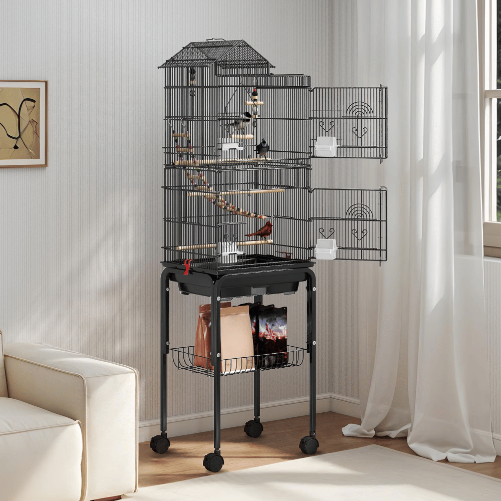 62" Large Metal Bird cage with Rolling Stand, Slide-Out Tray,3 Perches and 4 Feeders, Black