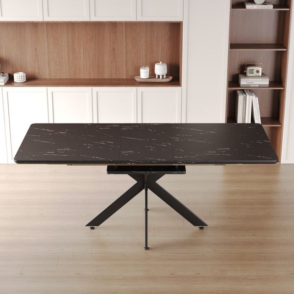 62.4" Extendable 78.15"Very large Black Dining Table Modern Mid-Century Kitchen Table Set for Dining Room, party Table,Conference table,Black metal X shape Legs.