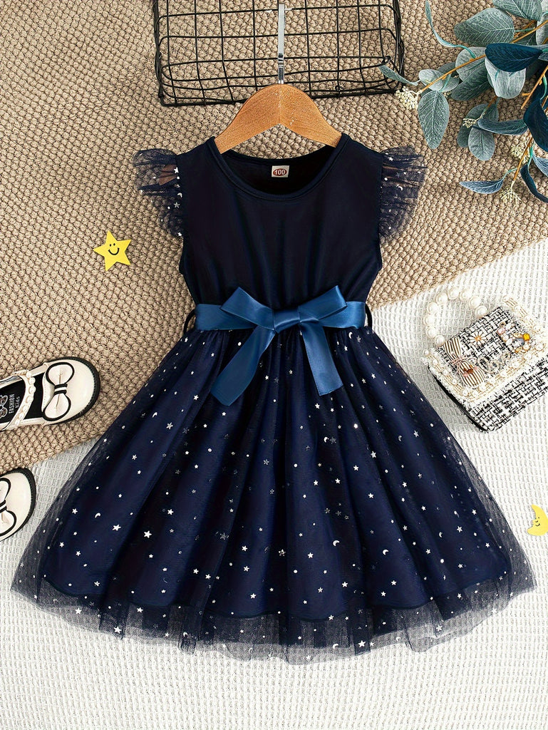 Girls Glamorous Starry Tulle Dress with Frilled Sleeveless - Sparkling Mesh Splicing & Midi Length - Includes Stylish Belt