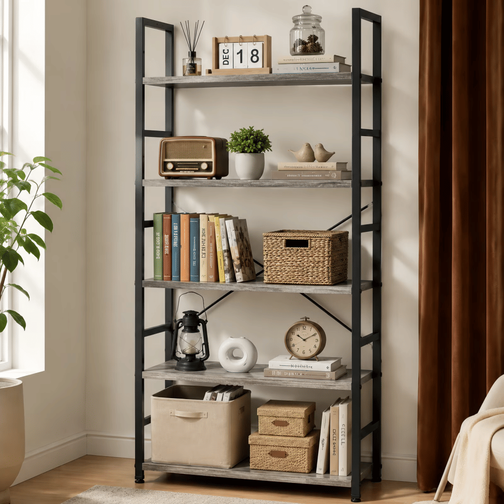62"x 24" Freestanding Bookshelf 5 Tier Bookcase Open DisplayStorageShelf with Metal Frame, Wood Gray