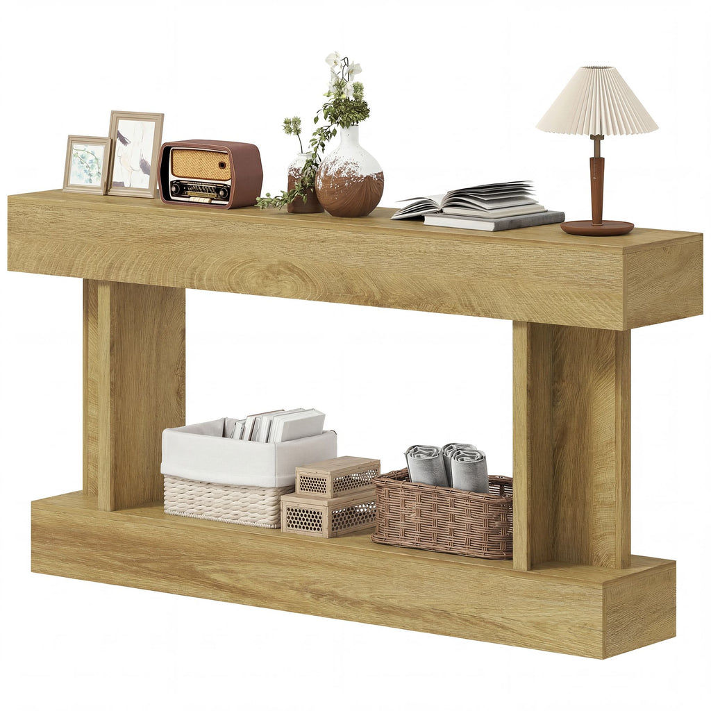 63 Inch Long Console Table, Vintage Narrow Entryway Table with Storage Shelf for Living Room and Hallway, Oak