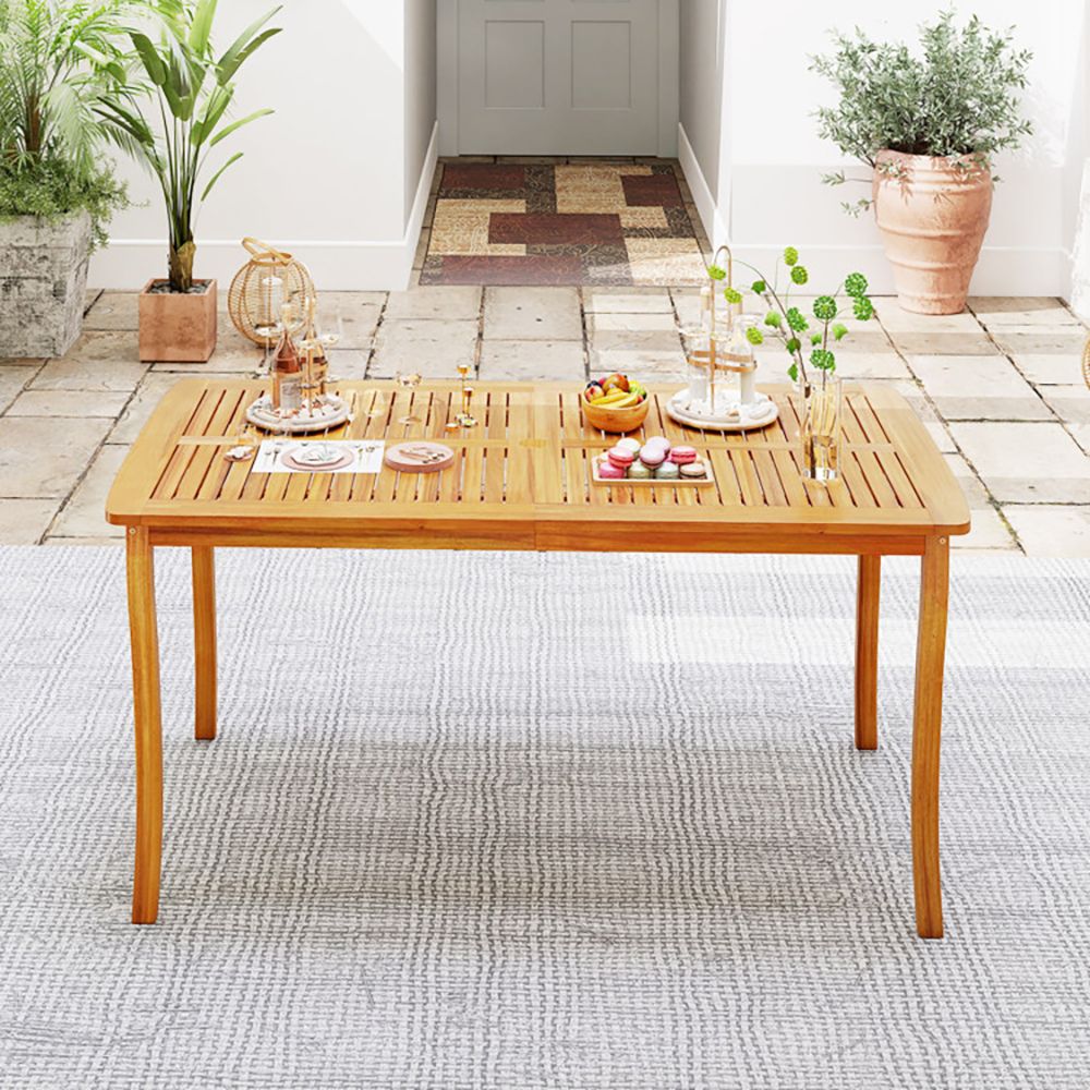 63 inch Outdoor Dining Table with Umbrella Hole and Slatted Tabletop
