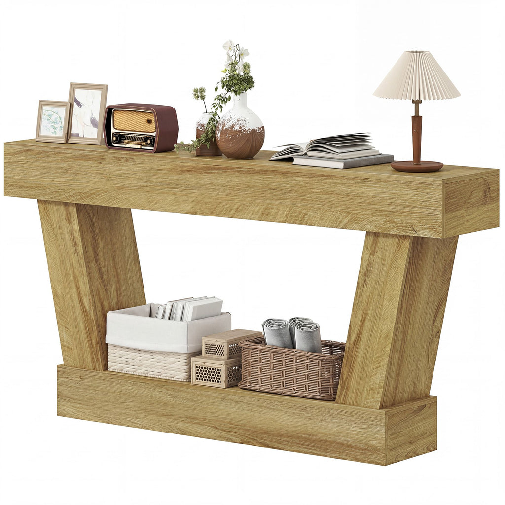 63 Inch Vintage Console Table, Narrow Entryway Table with Open Shelf for Living Room, Oak