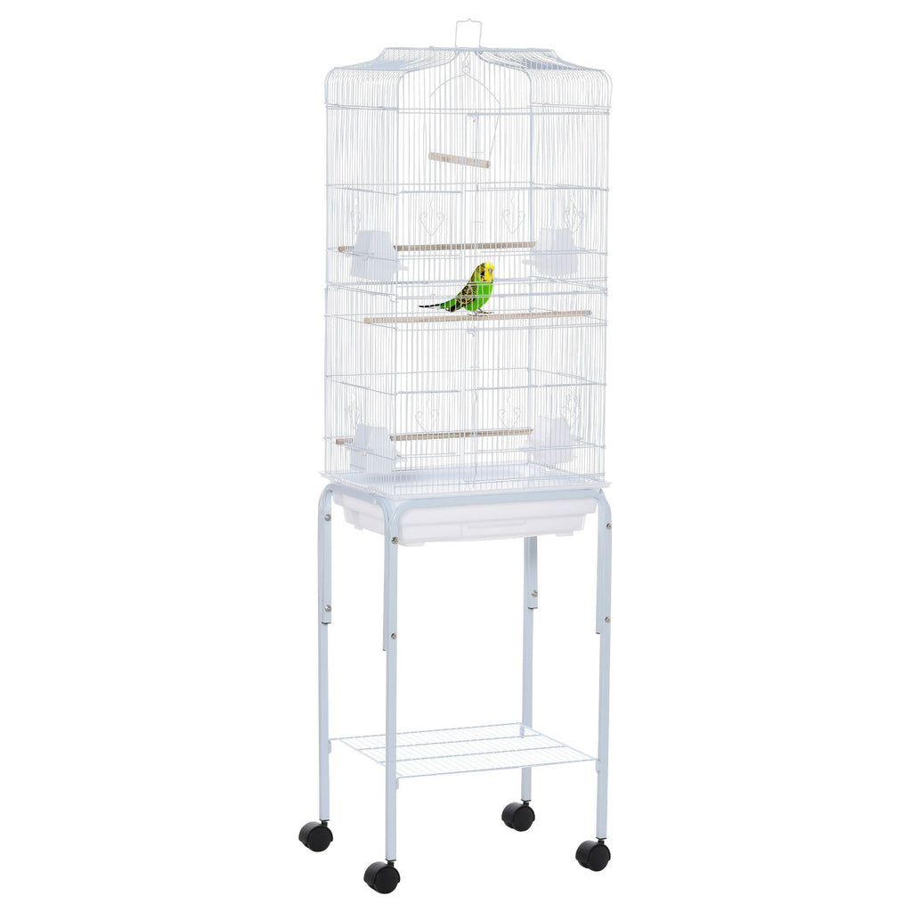 63" Large Bird Cage with Shelf, Handle, Metal Parrot Cage with Big Doors, White